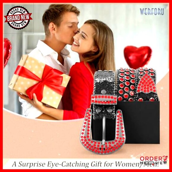 Rhinestone Studded Western Leather Belt with Removable Buckle